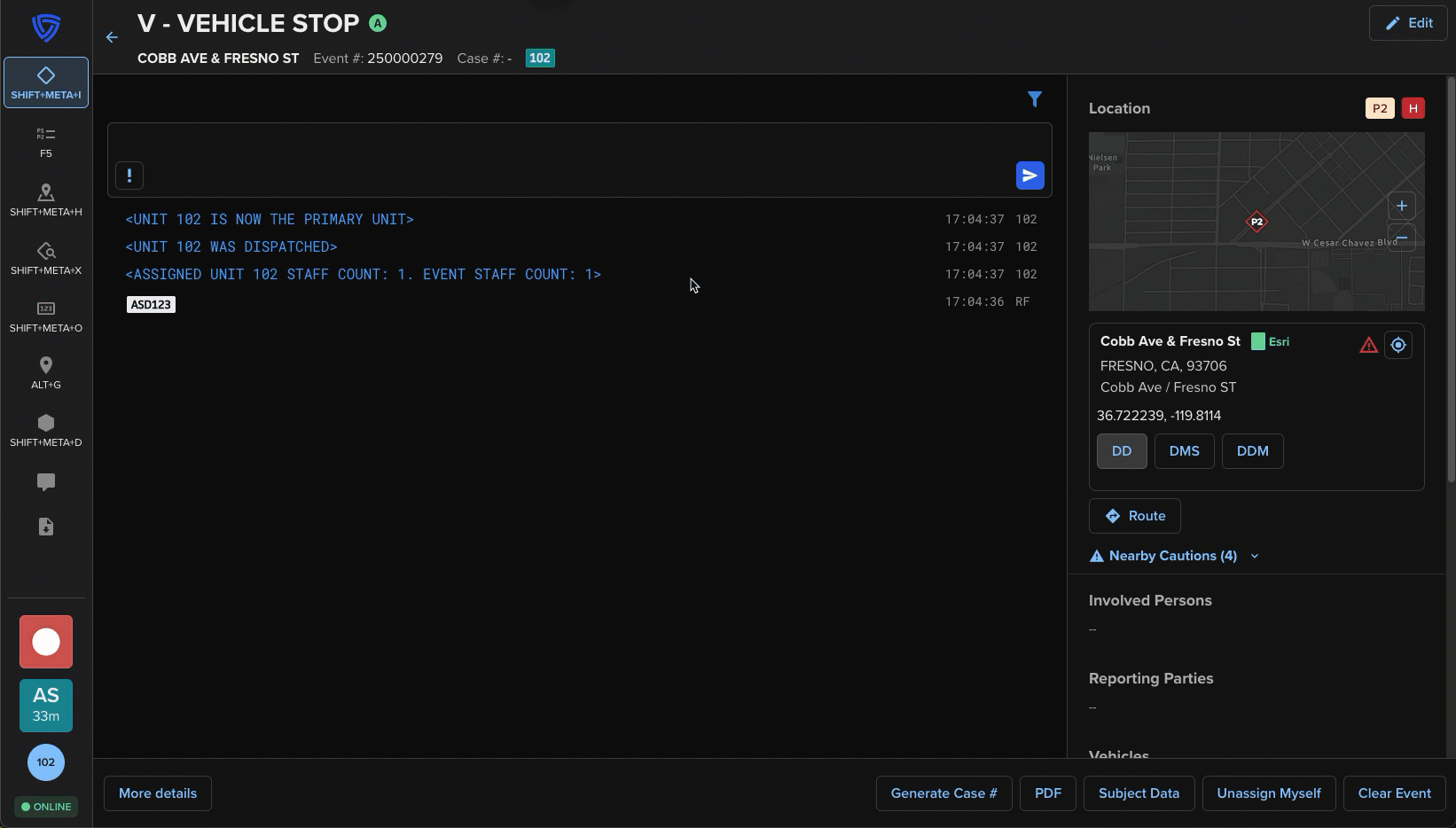 First responder Cautions and Distance on Events List screen