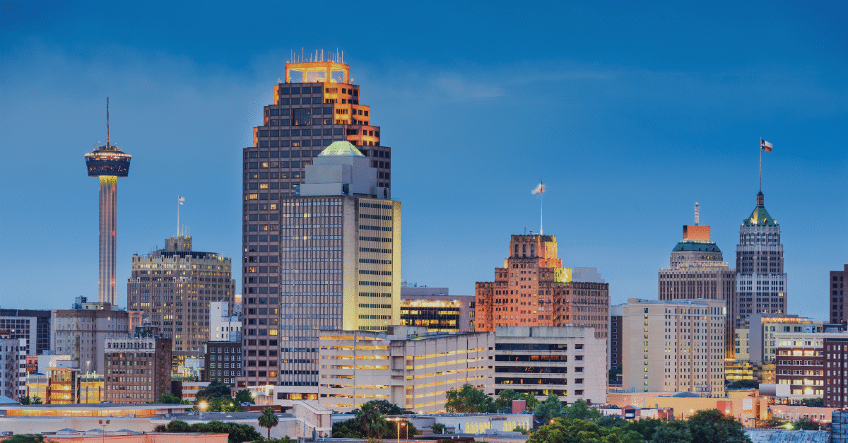 The San Antonio skyline at sunset