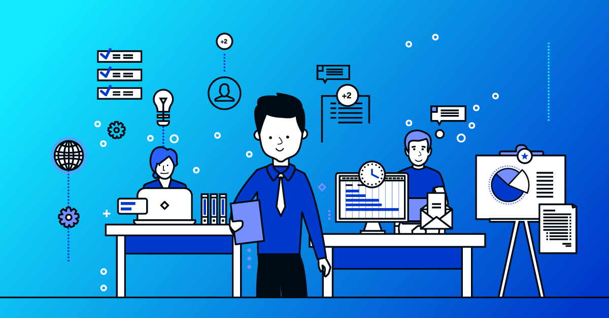 many people working on their computers and icons above their heads