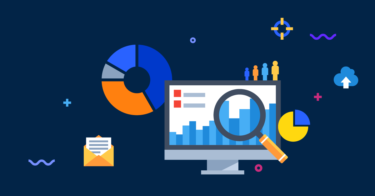 a letter, pie chart, desktop monitor, magnifying glass, and multi-shaped shaped icons
