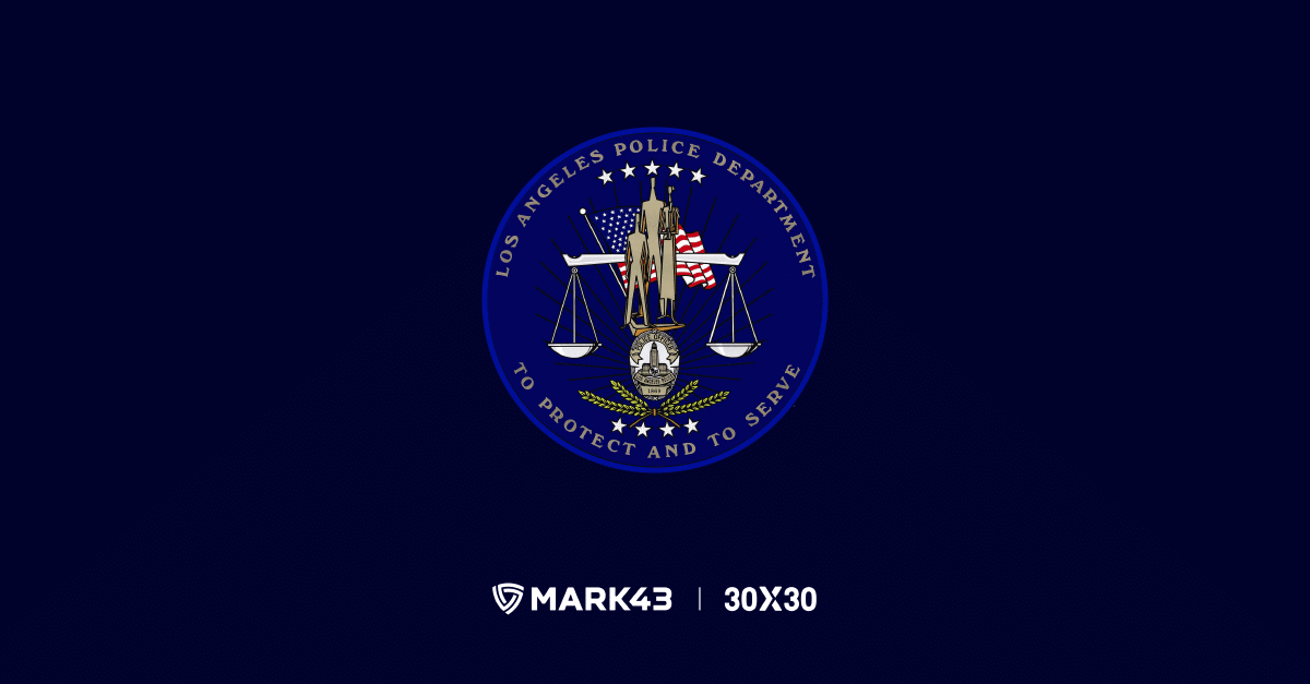 LAPD logo with scales of justice, Mark43, and 30X30 logos on a dark blue background.