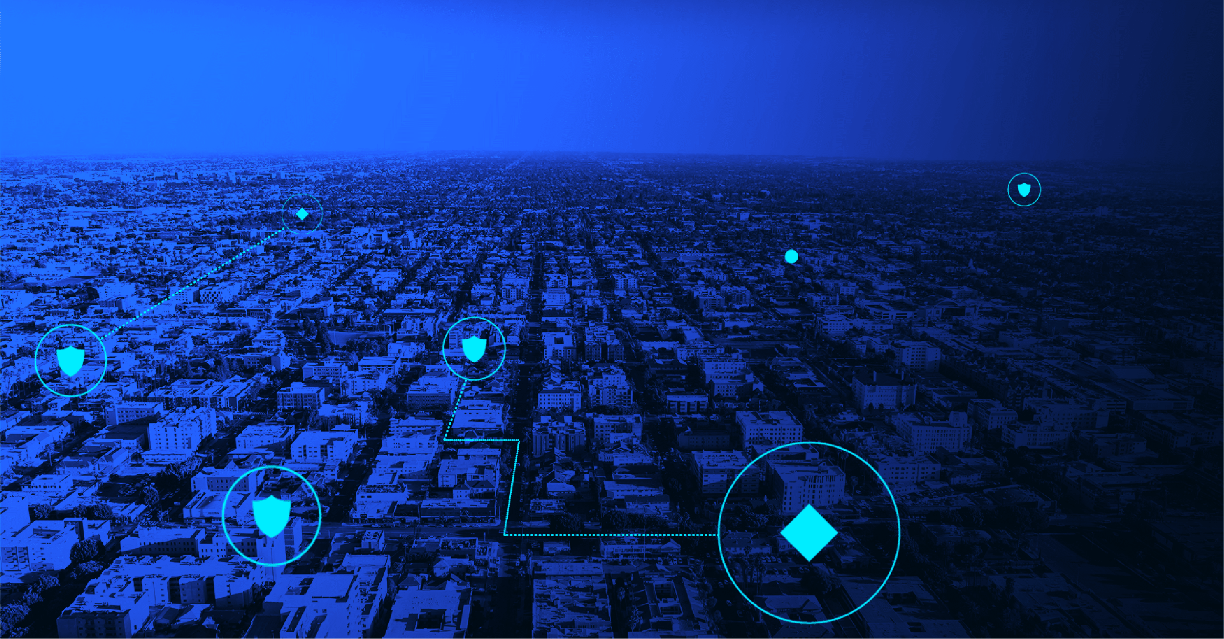 many buildings with shield and diamond icons overlayed on them