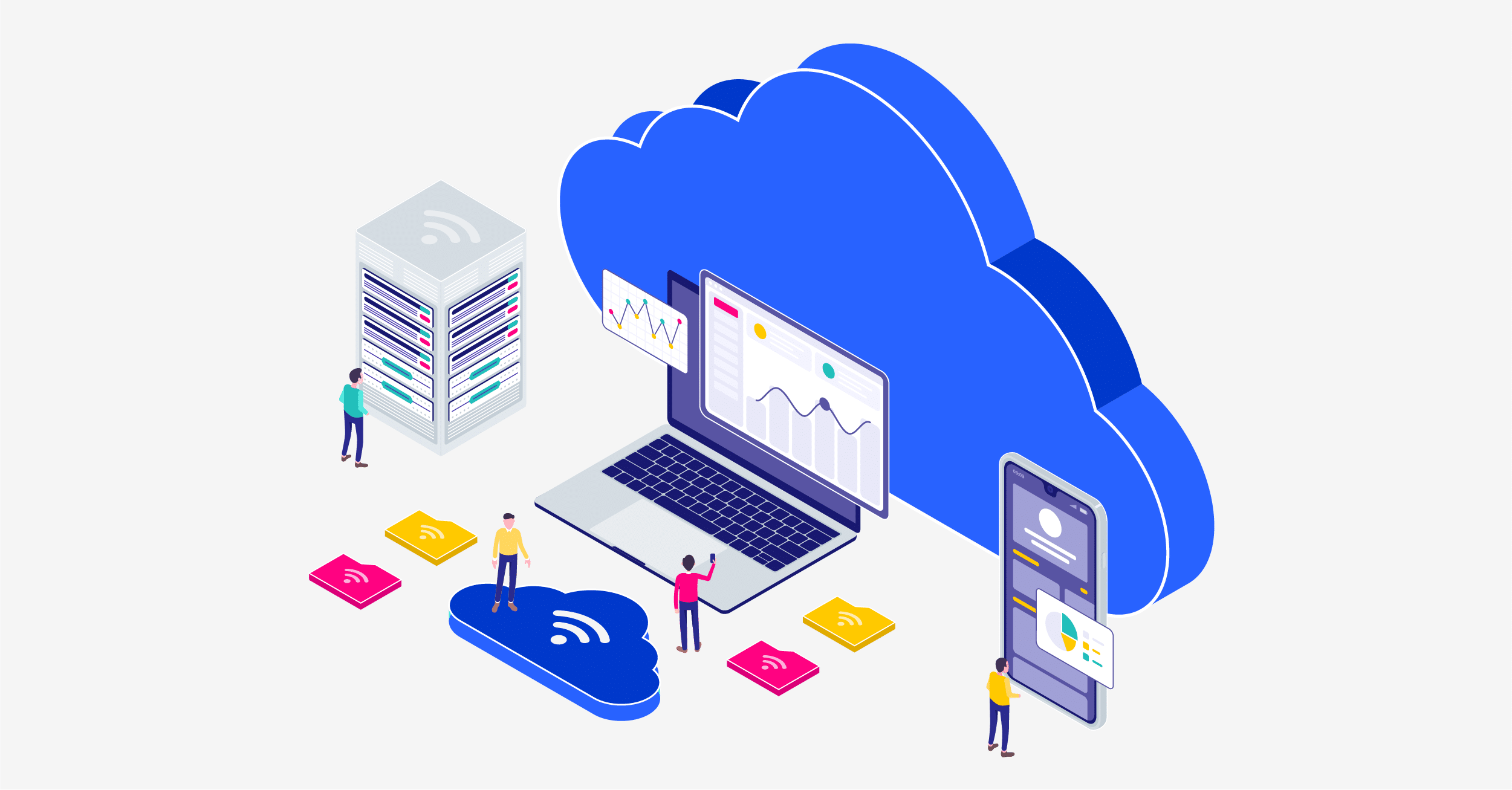 blue cloud, laptop and smart phone, and people using them