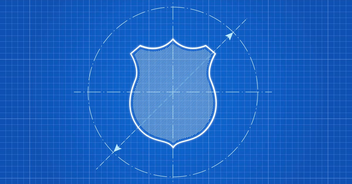 The outline of a light blue first responder badge against a medium blue background with gridlines. There is a light blue dotted line in a circle around the badge. Light blue dotted horizontal and vertical lines intersect in the center of the badge and end just outside of the circle around the badge.