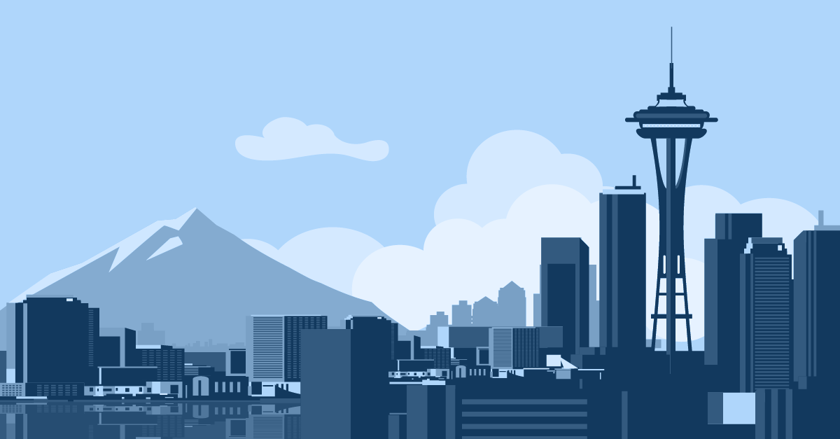 a digital illustration of the Seattle city skyline and mountains