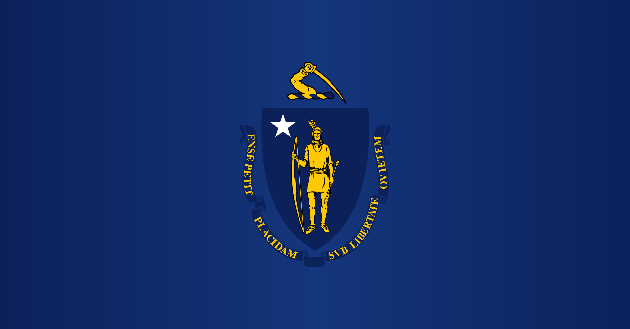 Massachusetts state emblem featuring a Native American, a star, and a blue shield