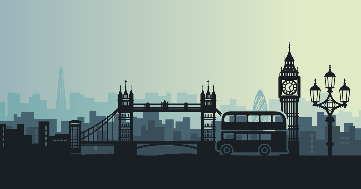 a digital illustration of the London bridge, Big Ben and a city bus with the city skyline