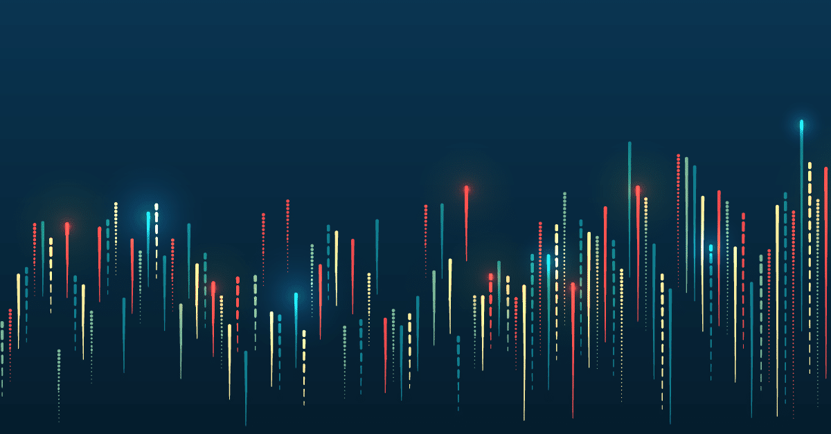 An abstract image of colorful vertical lines and dots against a dark blue background, resembling a futuristic cityscape or data visualization.