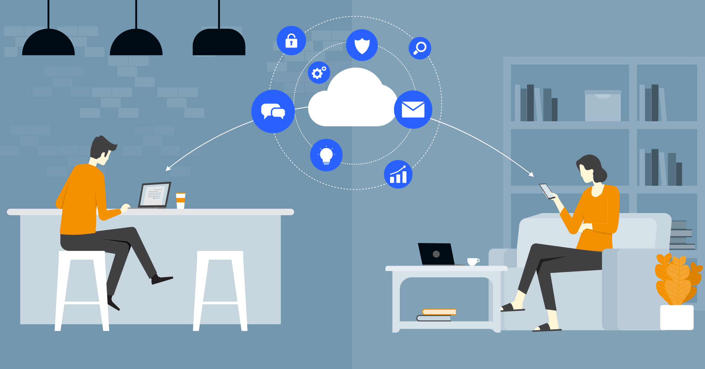 a person using a laptop and a person using a smart phone communicating with each other