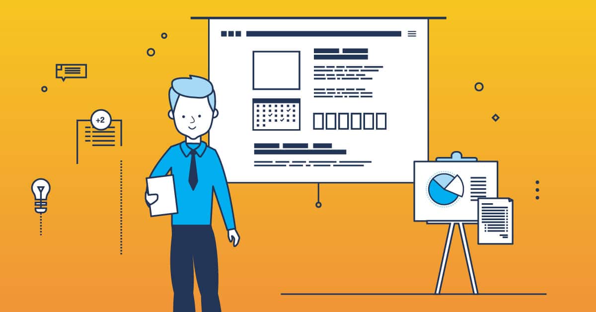 Illustration of a person presenting data on a board, with charts and documents, symbolizing a demo day.