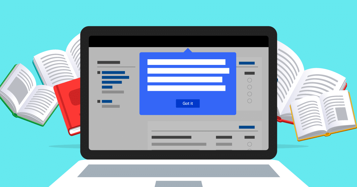 a laptop with open floating books behind it