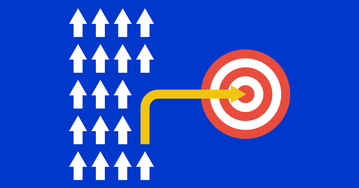 a group of upward pointing arrows, rounded yellow arrow, red and white bullseye target