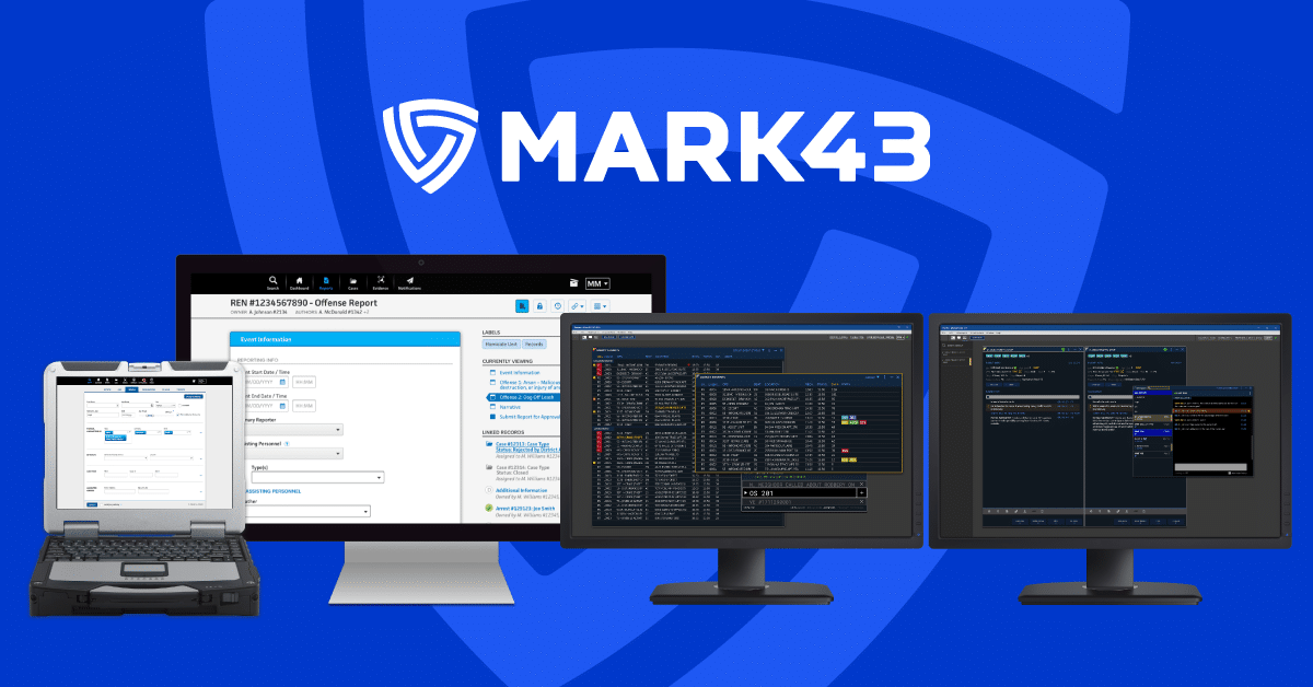 Mark43 logo and several computers in a row