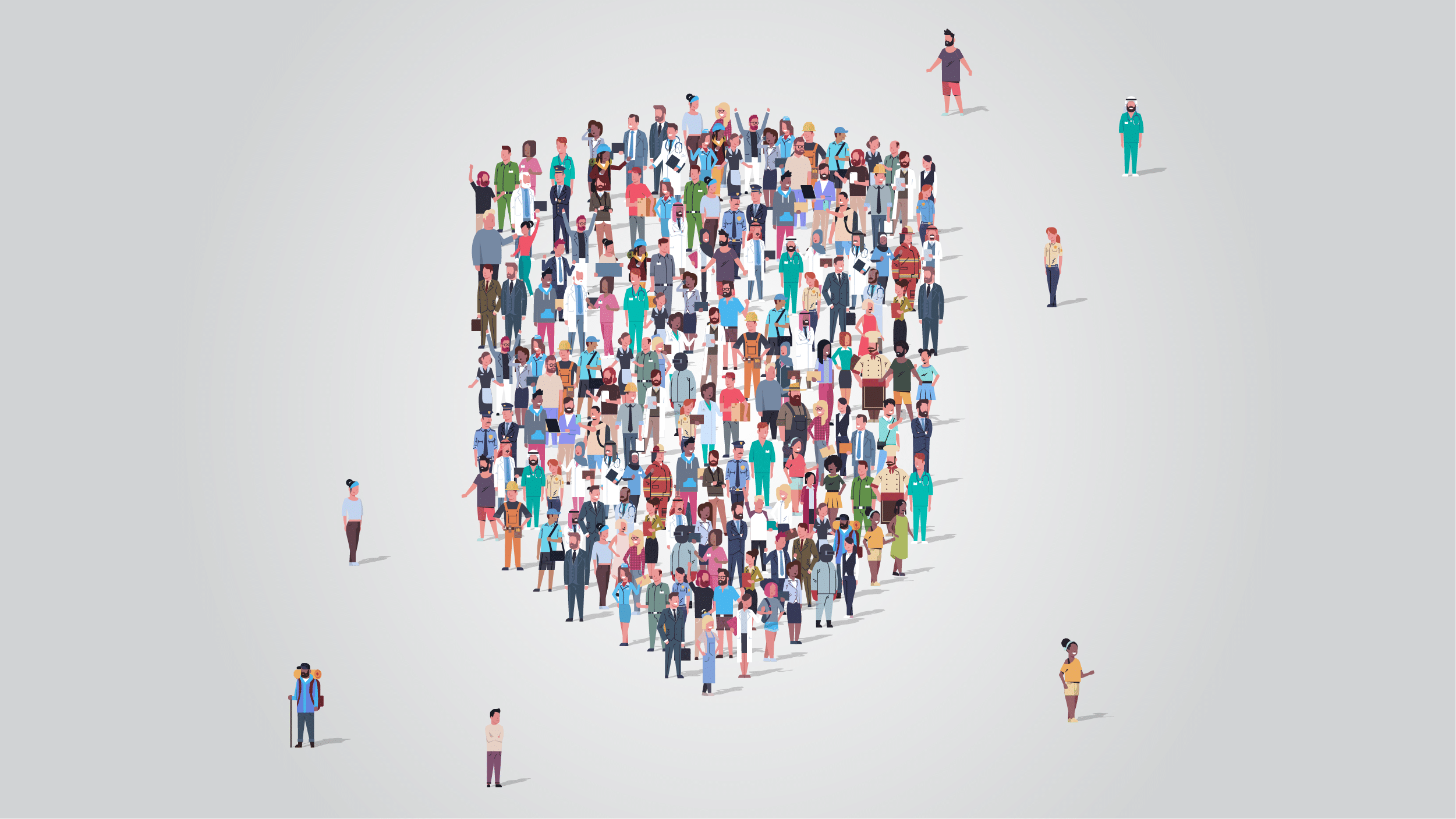 several community members gather to form the shape of a shield with a few members standing outside the gathering