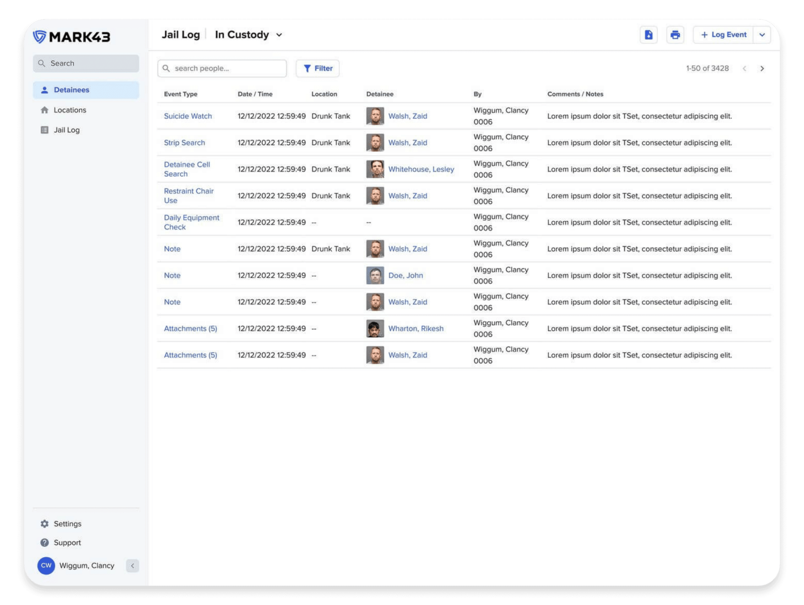 Jail log interface showing detailed event logs for detainees, including timestamps, locations, and notes