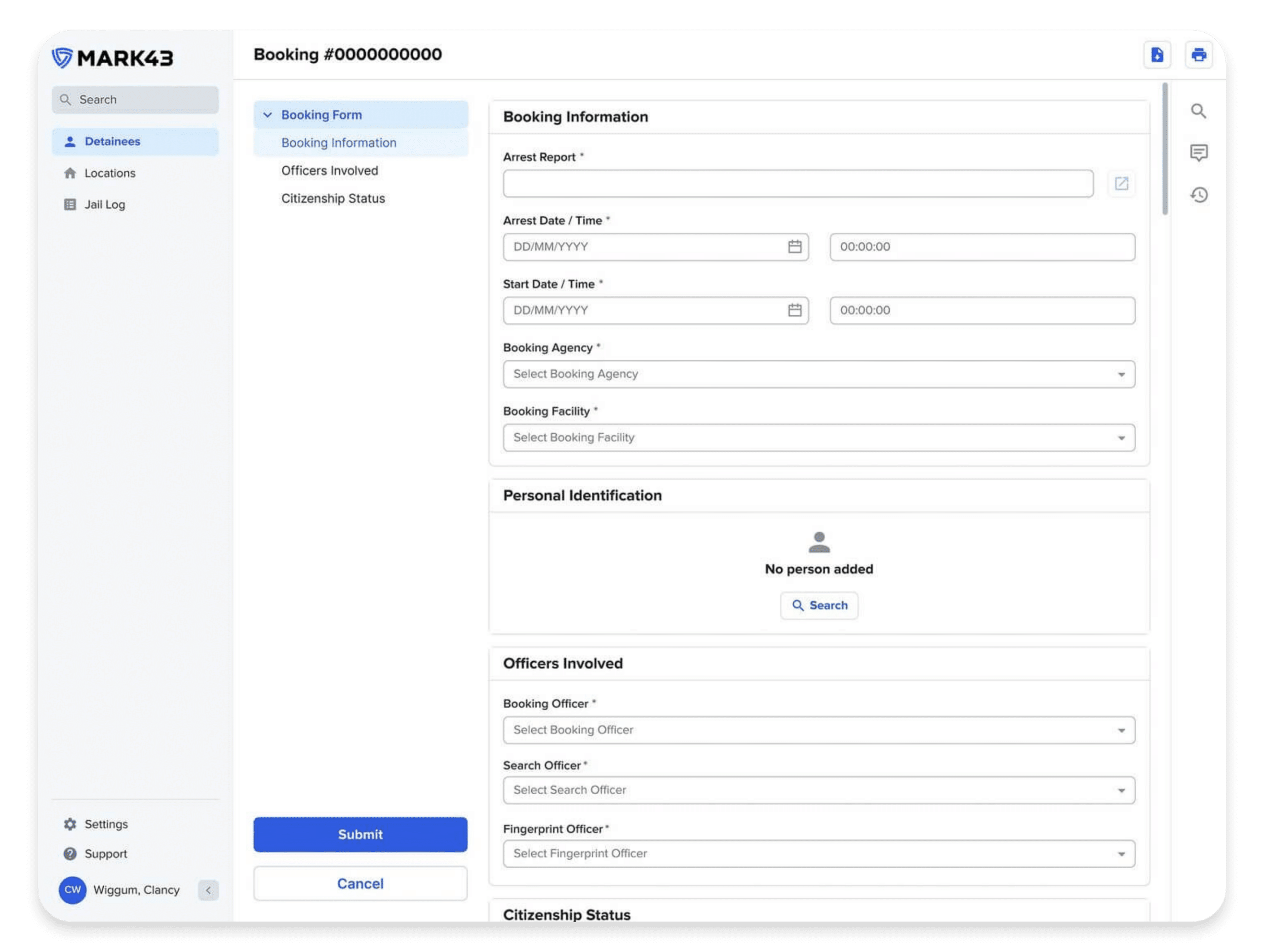 Mark43 Booking dashboard