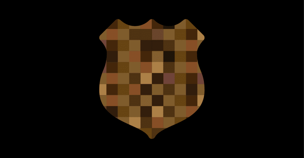The shape of a badge divided up into many squares of the same size. Each square is a different share of black or brown