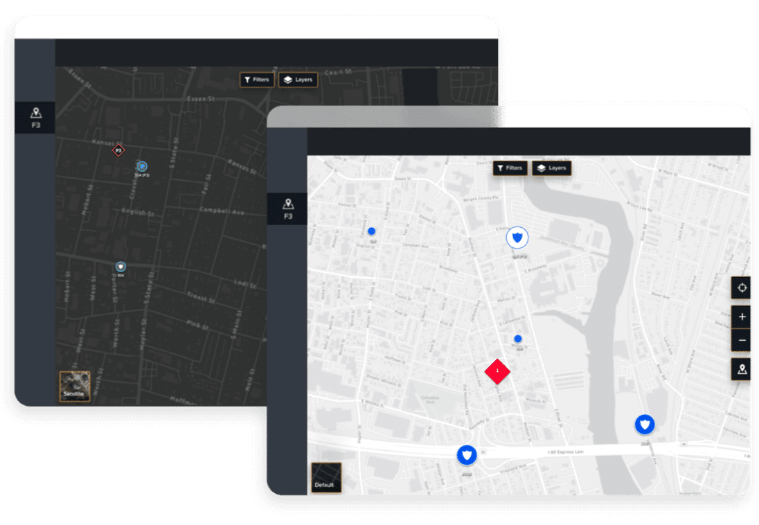 Side-by-side comparison of dark and light mode digital maps with location markers and navigation tools