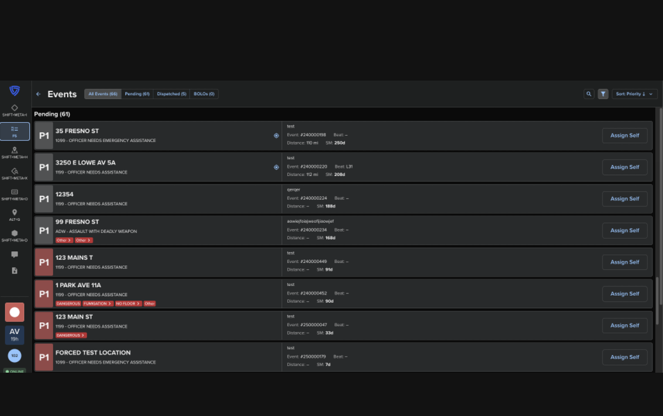First responder Cautions and Distance on Events List screen