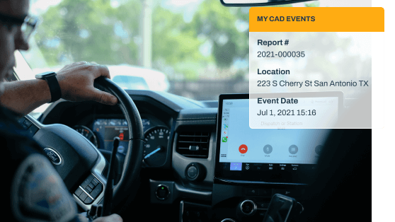 a police officers in his patrol call taking a call from dispatch and a CAD events report in the top corner