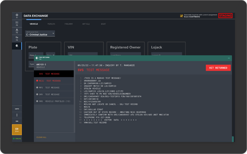 Mark43 data exchange dashboard