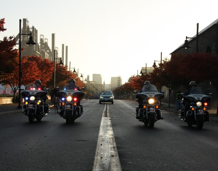 police motorcycles on a city street