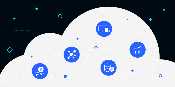An illustrative image depicting a white cloud on a blue background, containing icons representing financial savings, network connections, computer systems, secure data storage, and growth analytics.