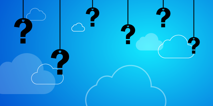 a bunch of clouds and cloud outlines with question marks hanging from strings