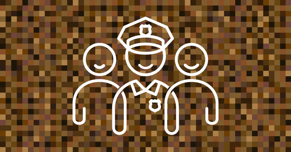 line drawing of police officers and a grid of different colored brown squares behind them