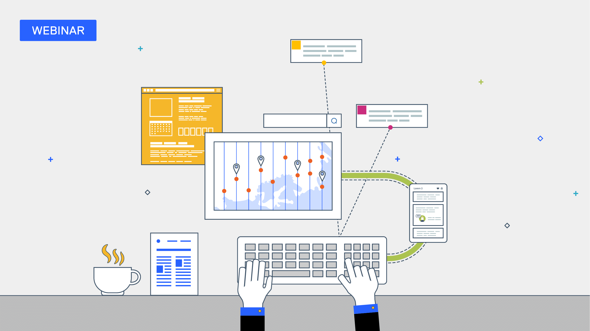 person typing on a computer, a smart phone, comment bubbles, and documents