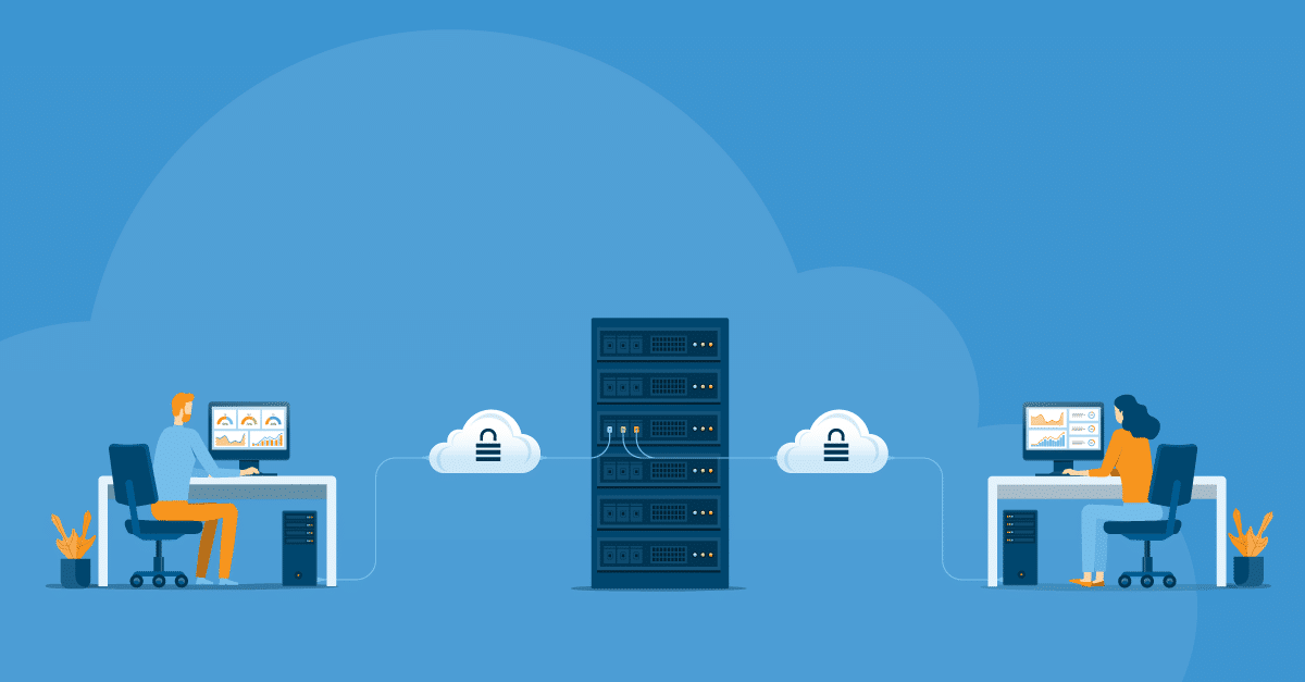 An cybersecurity illustration. On the left, a man sits at his desk while working on a monitor and desktop computer. He is connected by a cord to a server. The cord has a cloud with a lock on it. On the right, a woman sits at her desk while working on a monitor and desktop computer. She is also connected by a cord to a server. The cord has a cloud with a lock on it.