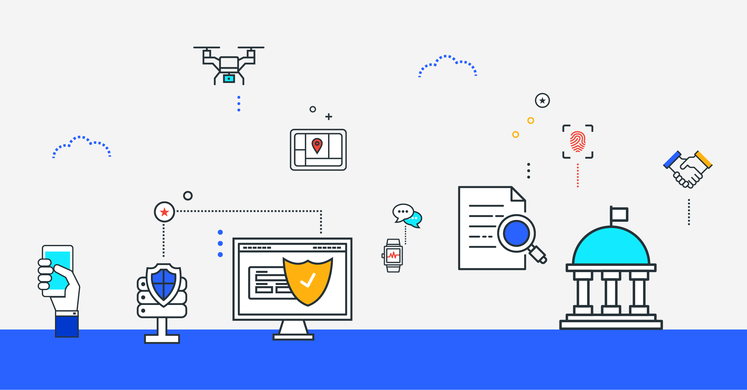 web communication icons, government building icon, and documents icon