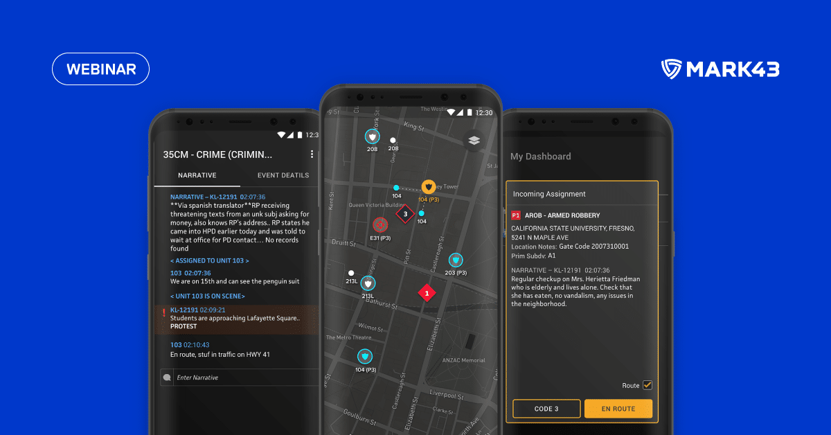 Mark43 logos and 3 smart phones with maps on the screen